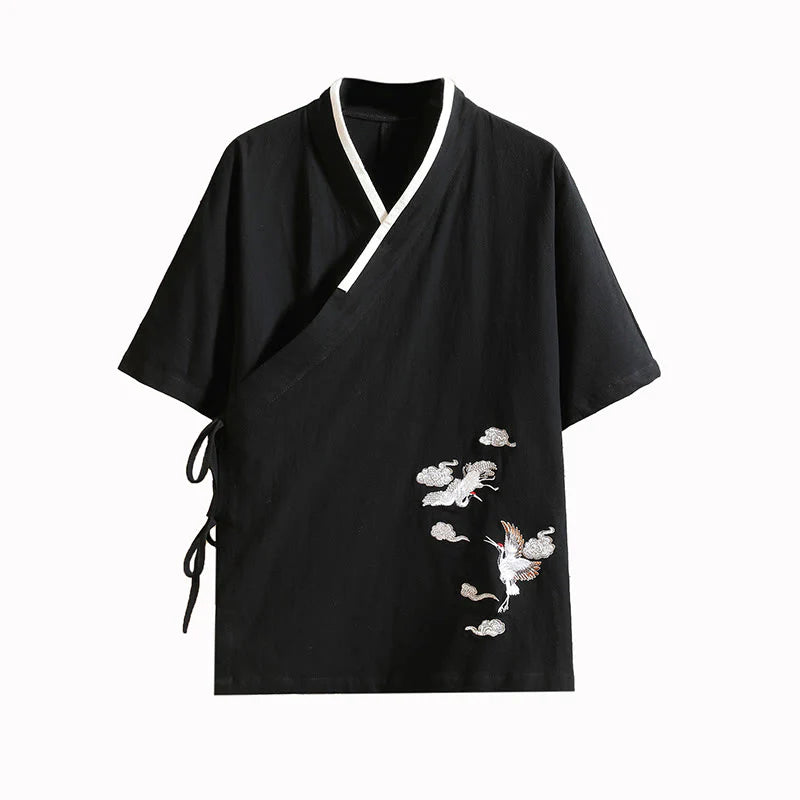 Buddha Stones Embroidered Crane Auspicious Cloud Pattern Open Front Short Sleeve Jacket Men's Cotton Kimono