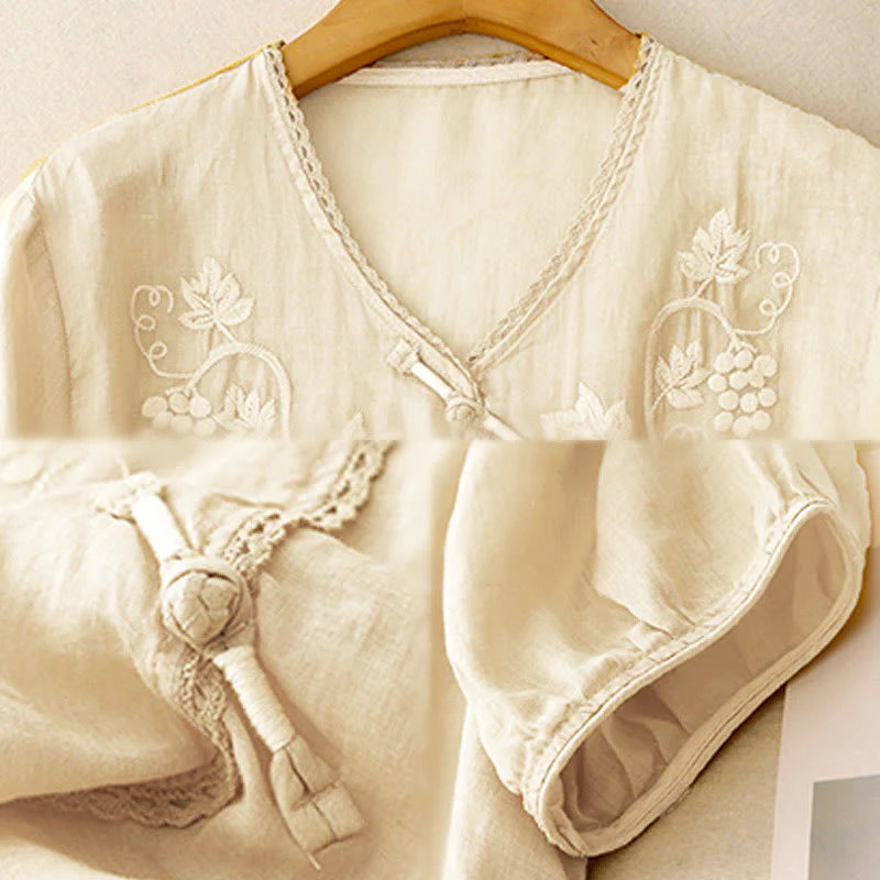 Buddha Stones Embroidered Grapes Pattern Lace Design Frog-Button Three Quarter Sleeve Women's Cotton Shirt
