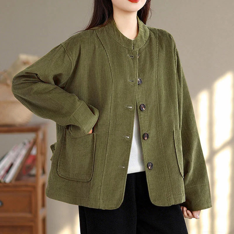 Buddha Stones Buttons Design Corduroy Long Sleeve Women's Jacket With Pockets