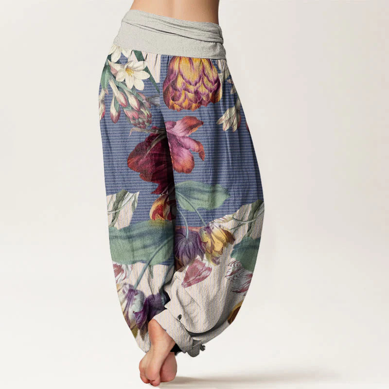 Buddha Stones Cotton Tulips Green Leaves Design Women's Elastic Waist Harem Pants