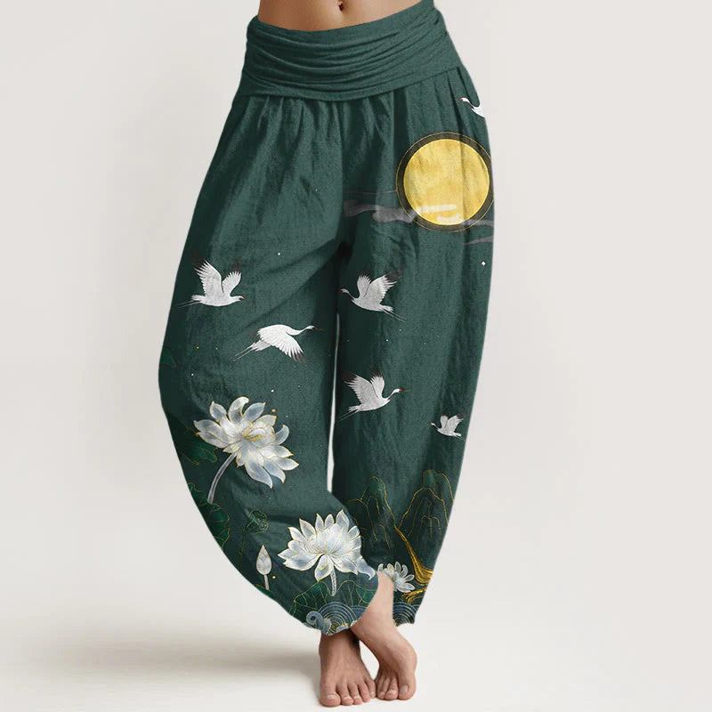 Buddha Stones Pure Cotton Crane Blooming Lotus Moon Mountain Women's Elastic Waist Harem Pants