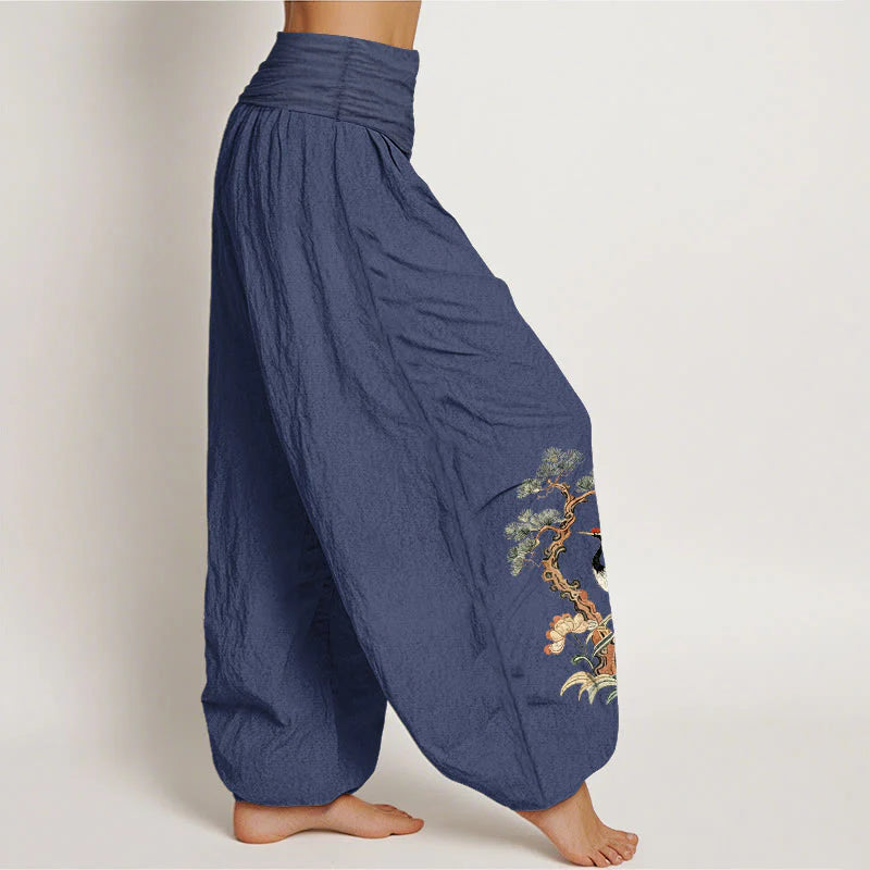 Buddha Stones Pure Cotton Crane Pine Tree Flower Grass Pattern Women's Elastic Waist Harem Pants