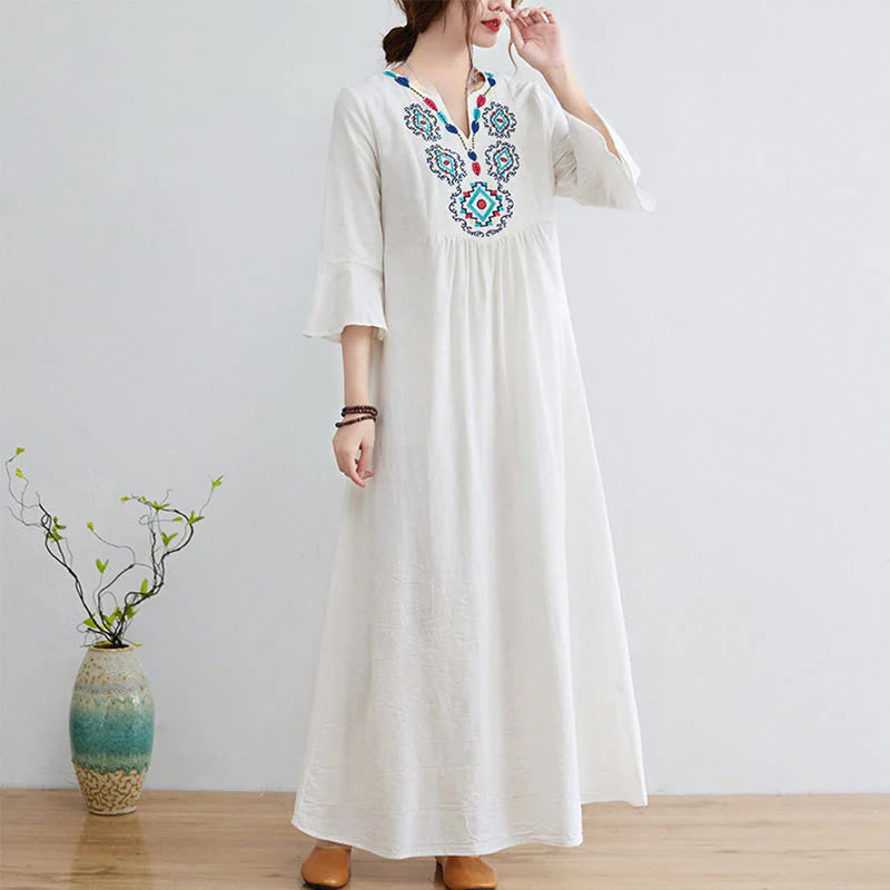 Buddha Stones Casual Embroidered Flower Pattern V-neck Three Quarter Sleeve Design Cotton Linen Midi Dress