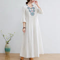 Buddha Stones Casual Embroidered Flower Pattern V-neck Three Quarter Sleeve Design Cotton Linen Midi Dress