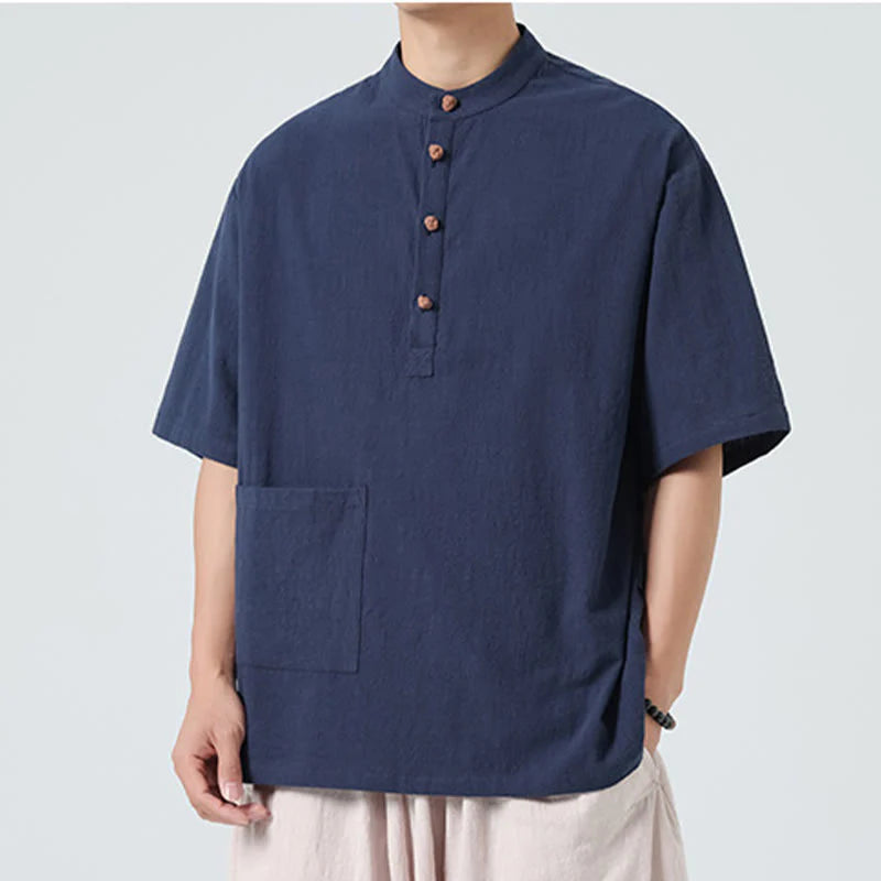 Buddha Stones Casual Half Frog-Button Design Stand Collar Tang Suit Men's Half Sleeve Cotton Shirt With Pocket