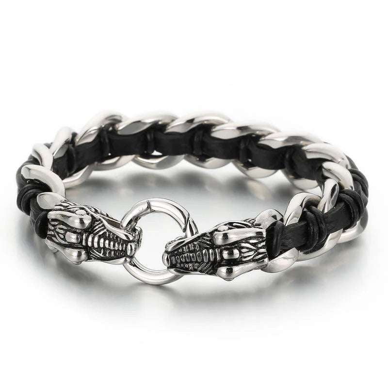 Buddha Stones Dragon Leather Titanium Steel Protection Luck Braided Bracelet