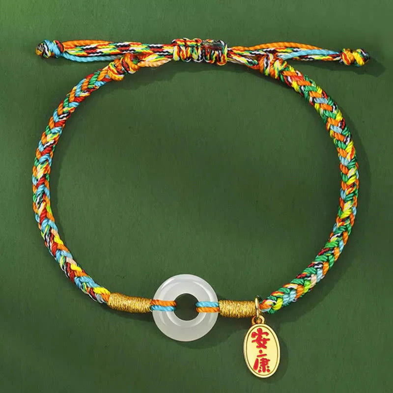 Buddha Stones Handmade Peace Buckle Jade Prosperity 925 Sterling Silver Colorful Rope Bracelet