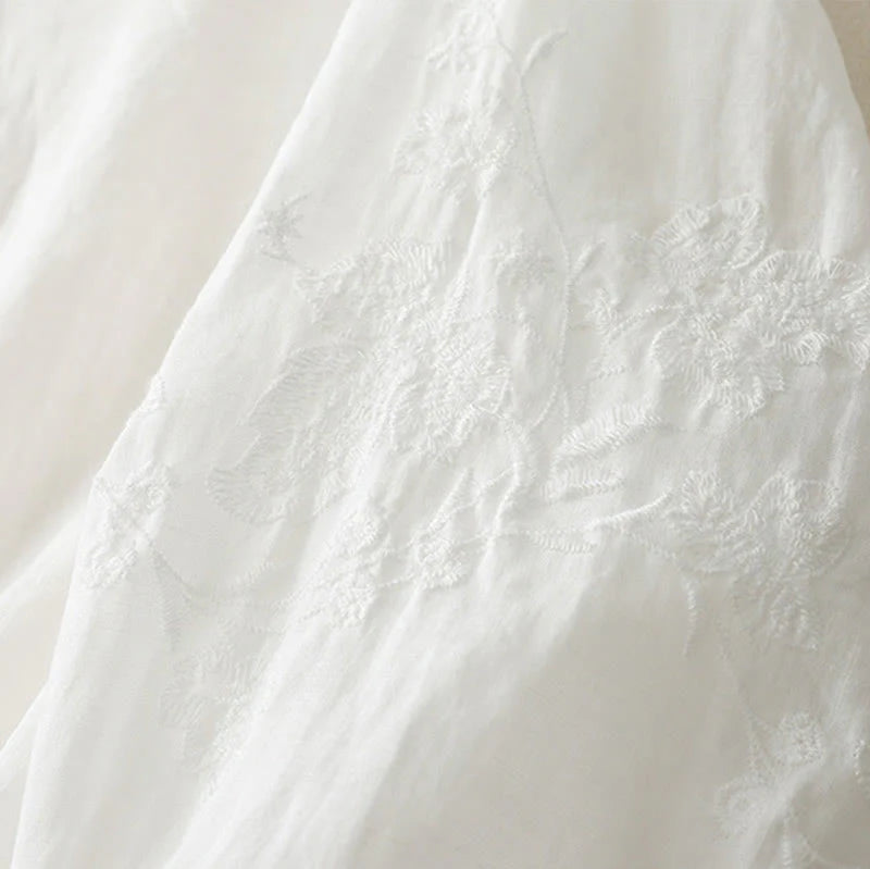 Buddha Stones Embroidery Button-down Women's Cotton Linen Shirt