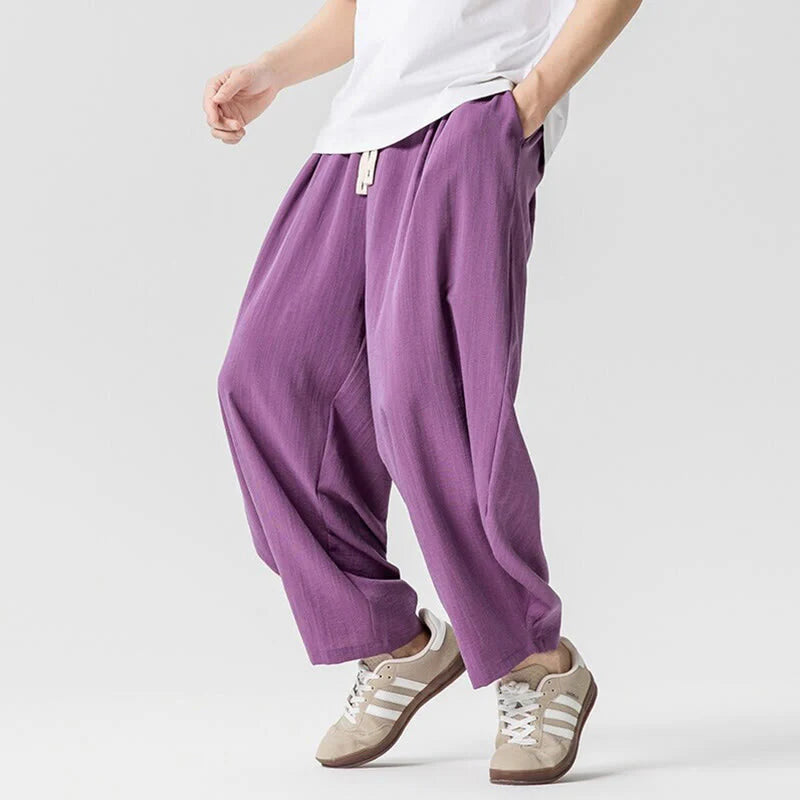 Buddha Stones Summer Pure Color Drawstring Men's Cotton Ankle-Length Pants With Pockets