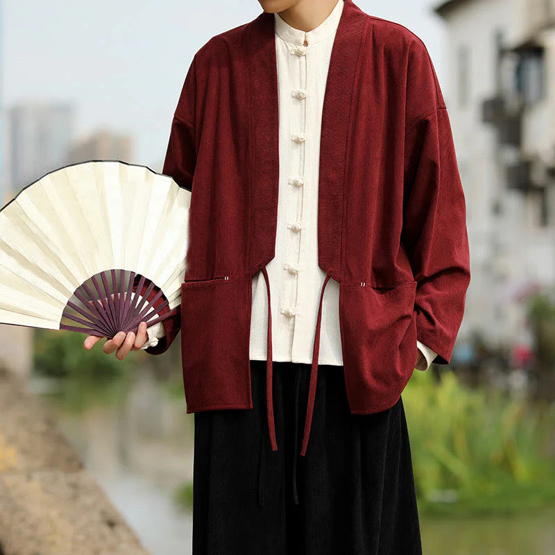 Buddha Stones Solid Color Open Front Long Sleeve Jacket Men's Cotton Corduroy Kimono With Pockets