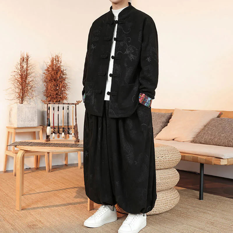 Buddha Stones 2Pcs Fall Winter Men's Tang Suit Dragon Frog-Button Cotton Long Sleeve Jacket Pants Set