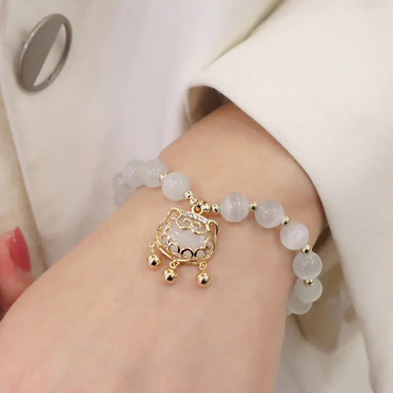 Buddha Stones Cat's Eye Lovely Cat Pattern Pearl Love Charm Bracelet