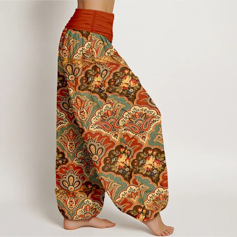Buddha Stones Cotton Repetitive Fan Shape Flowers Leaves Pattern Women's Elastic Waist Harem Pants