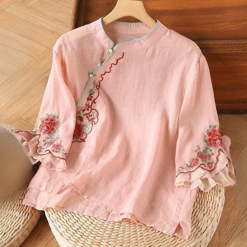 Buddha Stones Casual Loose Peony Embroidery Frog Button Three Quarter Sleeve Women's Shirt