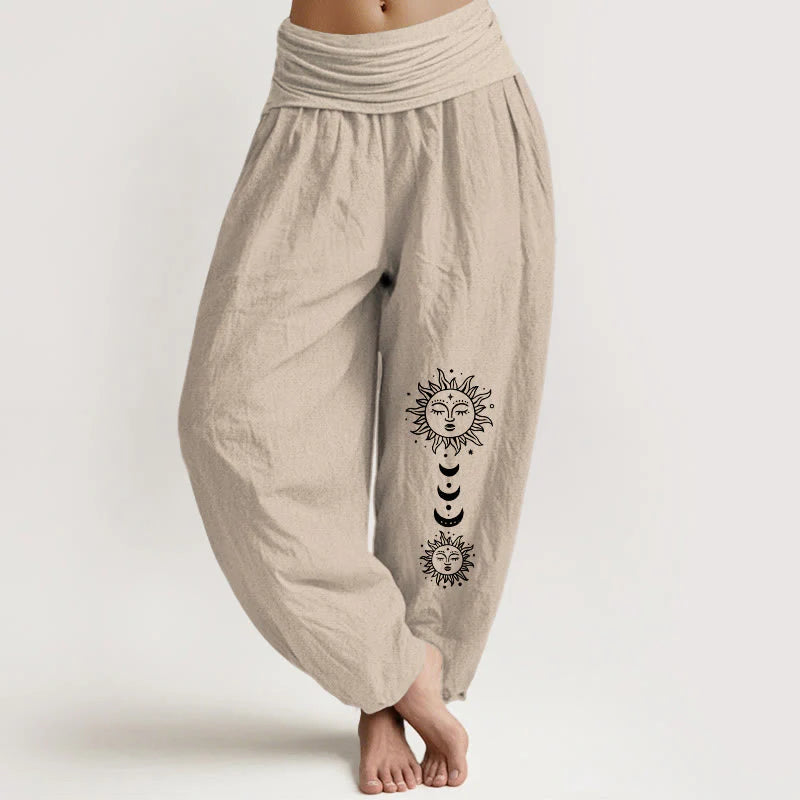 Buddha Stones Bohemian Sun Moon Pattern Women's Elastic Waist Harem Pure Cotton Pants