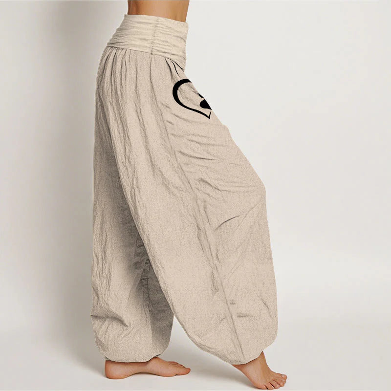 Buddha Stones Pure Cotton Concise Cat Paw Prints Heart-Shaped Pattern Women's Elastic Waist Harem Pants