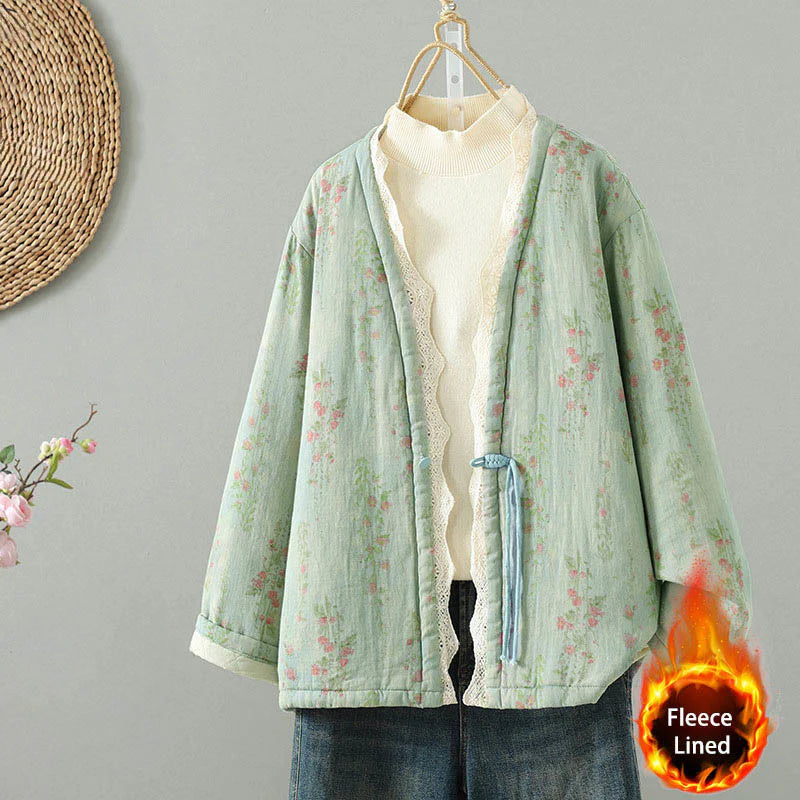 Buddha Stones Winter Lace Patchwork Long Sleeve Cotton Women's Thermal Jacket With Pockets