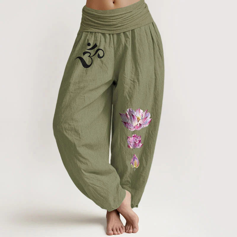 Buddha Stones Blooming Lotus Om Symbol Pattern Women's Elastic Waist Harem Pure Cotton Pants
