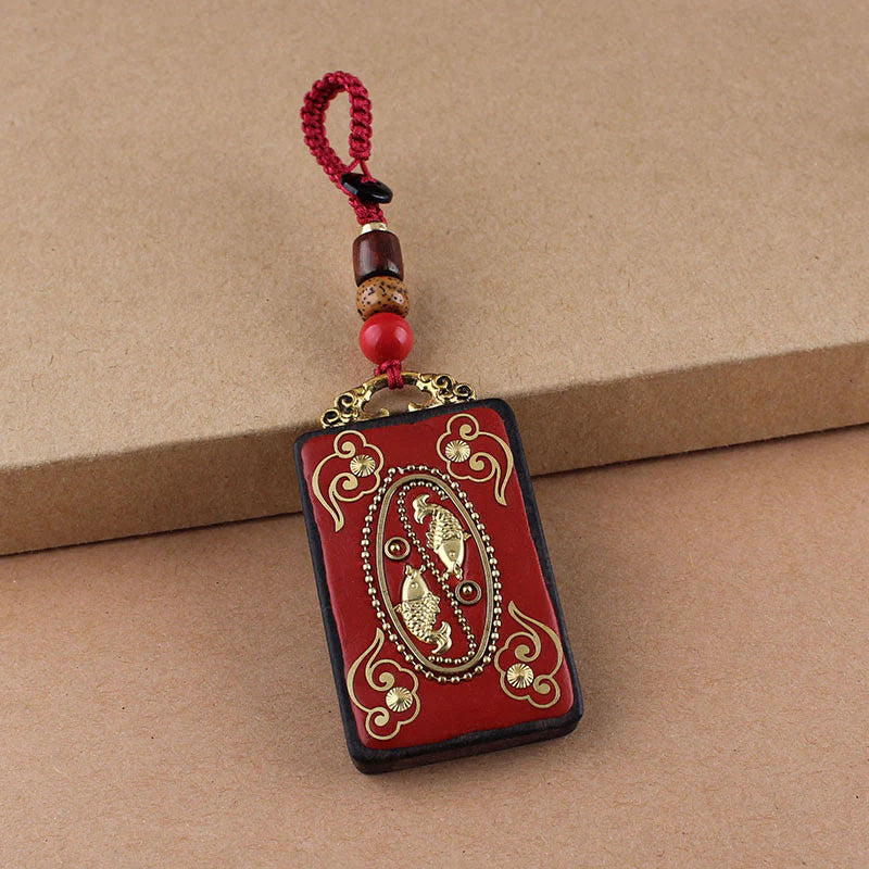 Buddha Stones Ebony Flower Koi Fish Fu Character Button Rope Key Chain