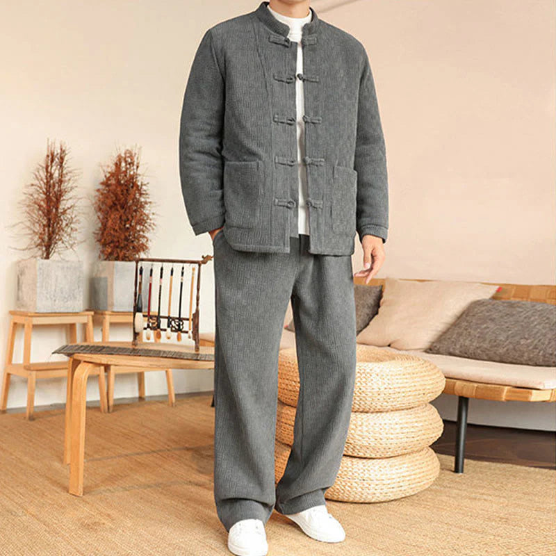 Buddha Stones 2Pcs Winter Solid Men's Tang Suit Frog-Button Cotton Long Sleeve Jacket Pants Set With Pockets