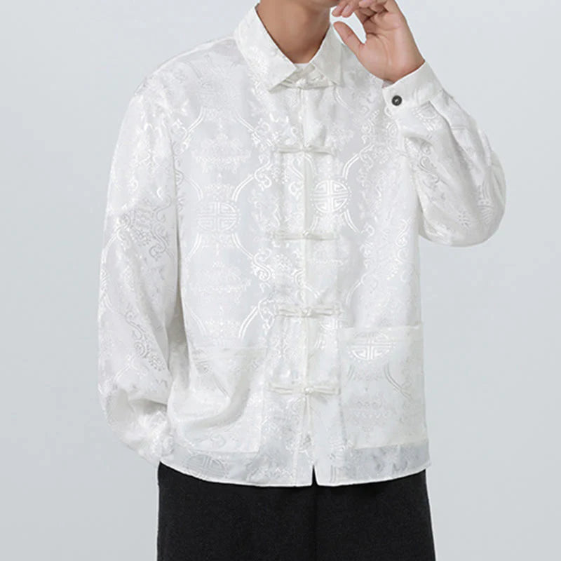 Buddha Stones Spring Jacquard Lapel Long Sleeve Men's Tang Suit Frog-Button Jacket With Pockets