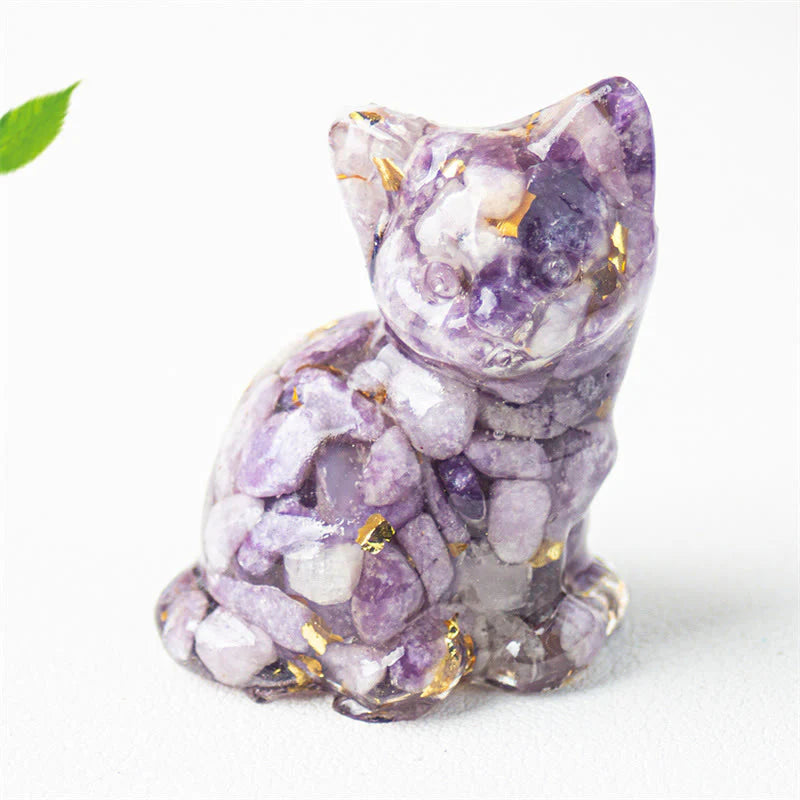 Buddha Stones Sitting Cat  Resin Gravel Pink Crystal Citrine White Crystal Lapis Lazuli Soothing Desktop Decoration