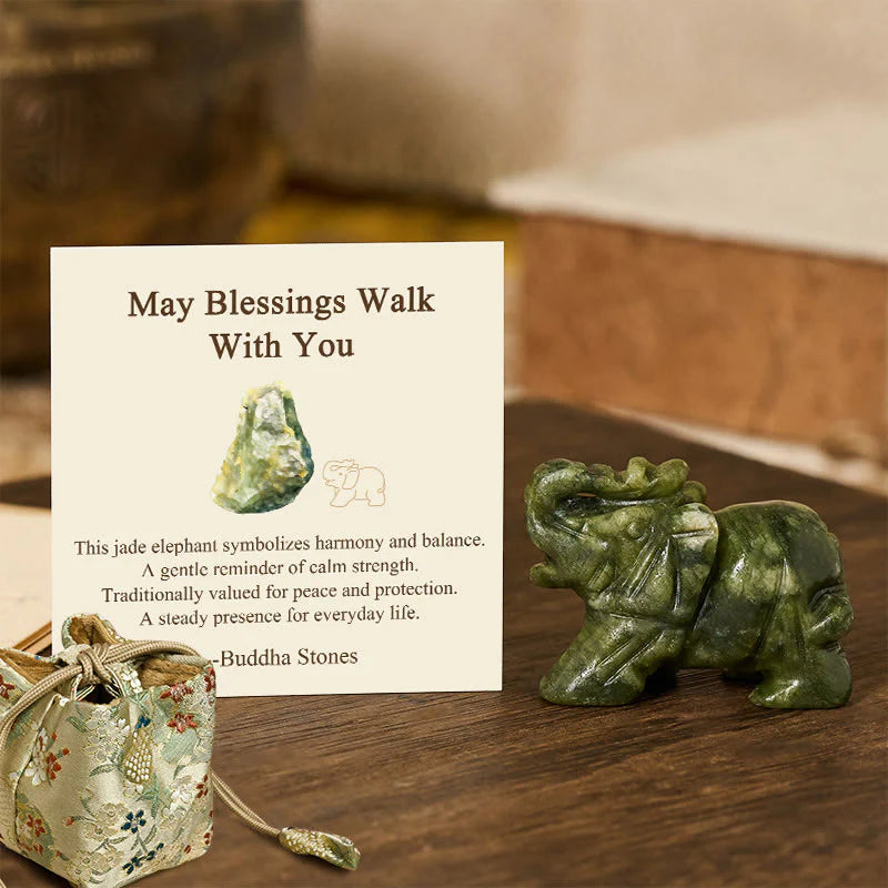 Buddha Stones ''May Blessings Walk With You'' Natural Small Elephant Amazonite Amethyst Jade Black Obsidian Stone Decoration Includes Gift Message Card