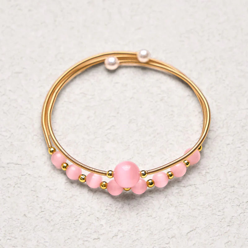 Buddha Stones 14K Gold Filled Copper Pink Cat Eye Support Metal Cuff Bracelet Bangle