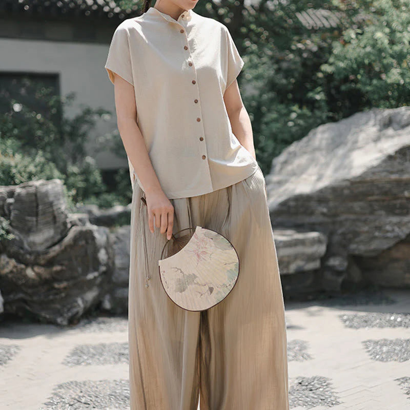 Buddha Stones Vintage Buttons Design Stand Collar Cotton Short Sleeve Women's Shirt