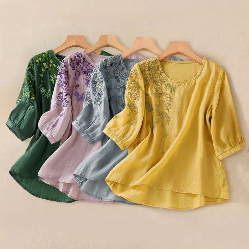 Buddha Stones Retro Embroidery Floral Pattern Short Sleeve Crew Neck Women's Shirt