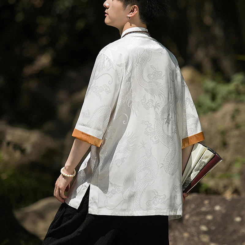 Buddha Stones Embroidered Dragon Pattern Colorblock Design Tang Suit Men's Frog-Button Half Sleeve Shirt