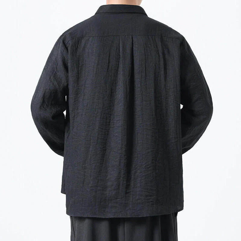 Buddha Stones Vintage Plain Buttons Down Stand Collar Long Sleeve Men's Cotton Shirt