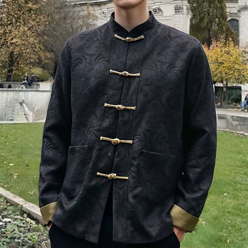 Buddha Stones Spring Jacquard Men's Frog-Button Cotton Long Sleeve Jacket With Pockets
