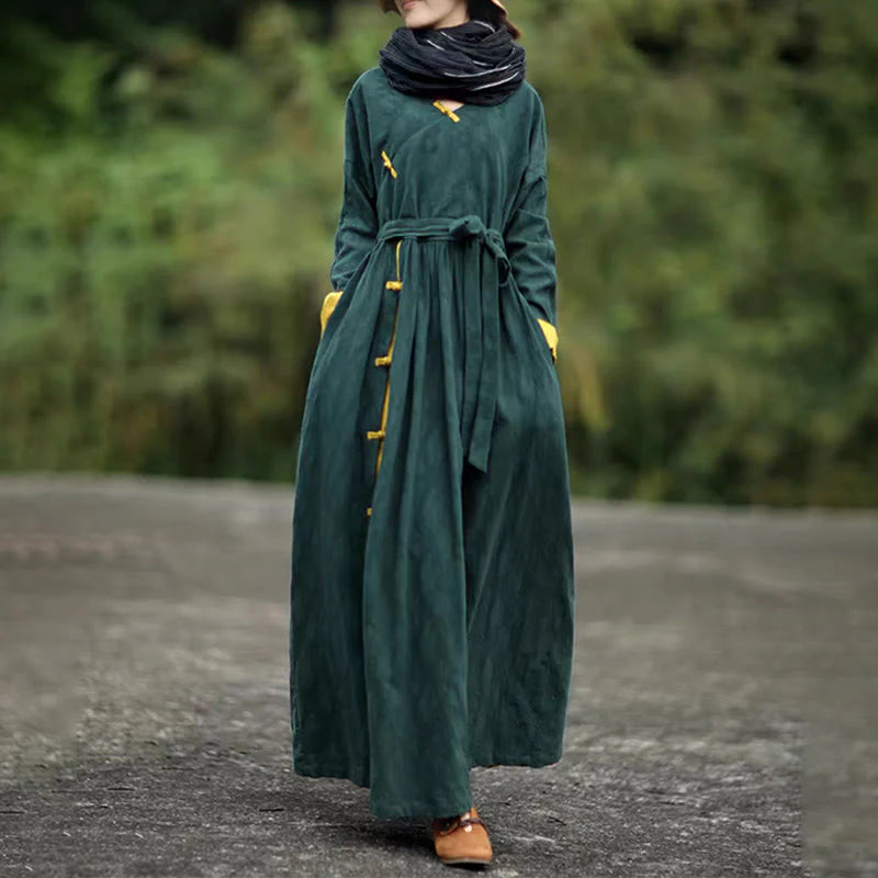 Buddha Stones Frog-Button Plain V-Neck Long Sleeve Cotton Midi Dress With Pockets
