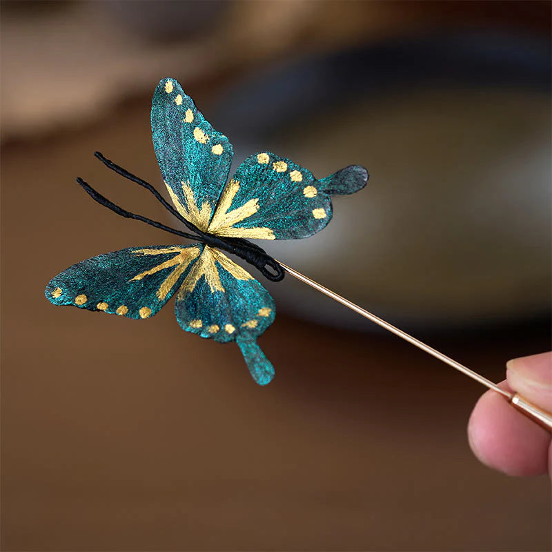 Buddha Stones Handcrafted Silk Art Velvet Flower Golden Blue Butterfly Brooch