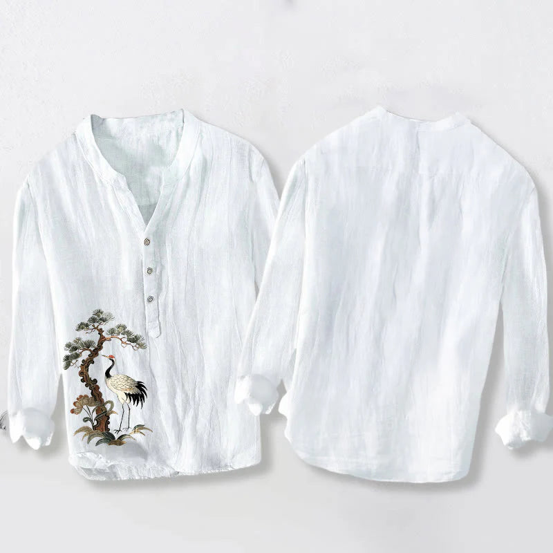 Buddha Stones Cranes Pine Tree Pattern Half Buttons Cotton Linen Men's Long Sleeve Shirt