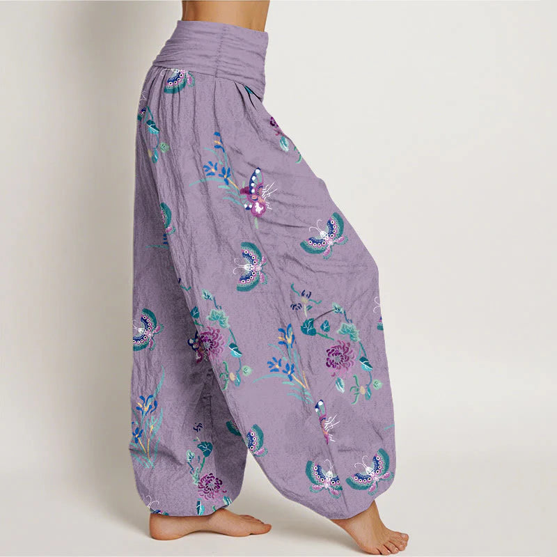 Buddha Stones Pure Cotton Fresh Elegant Butterfly Grass Flower Pattern Women's Elastic Waist Harem Pants