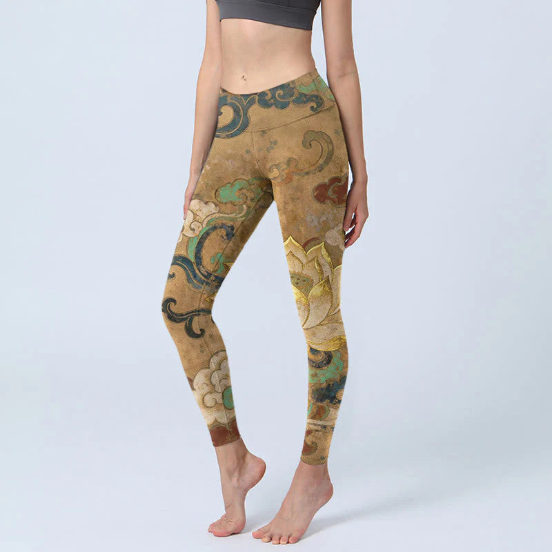 Buddha Stones Traditional Lotus Flower Cloud Pattern Print Gym Leggings Women's Yoga Pants