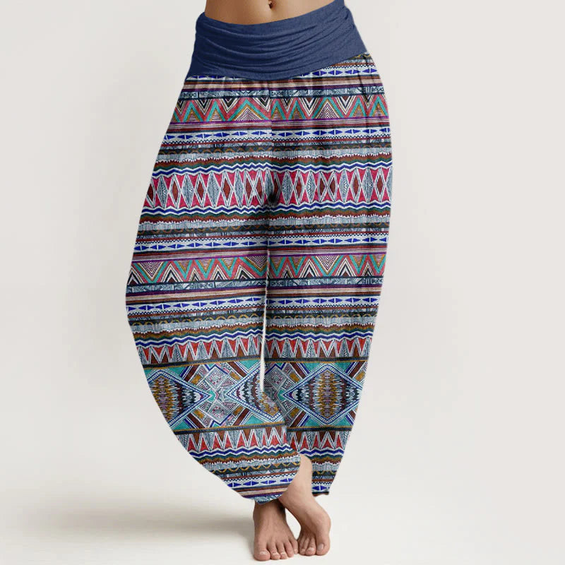 Buddha Stones Cotton Casual Tribal Style Geometric Pattern Women's Elastic Waist Harem Pants