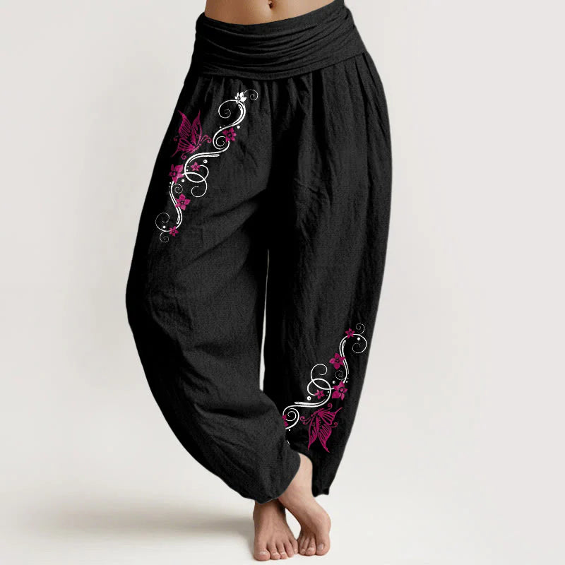 Buddha Stones Pure Cotton Softly Colored Butterfly Flower Vine Pattern Women's Elastic Waist Harem Pants
