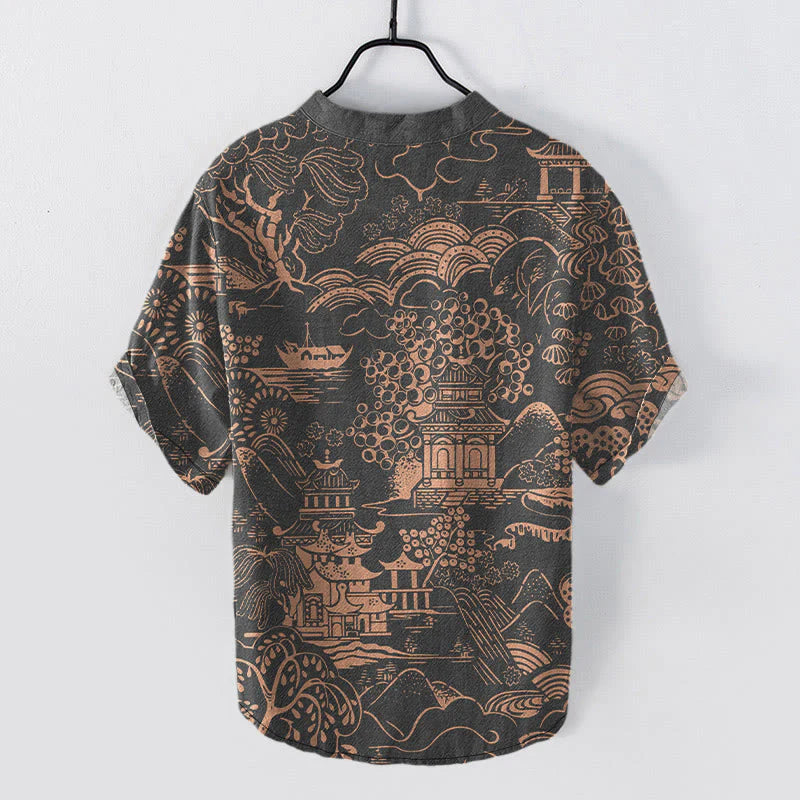 Buddha Stones Cotton Nature Towers Landscape Pattern Men's Short Sleeve Half Button Shirt