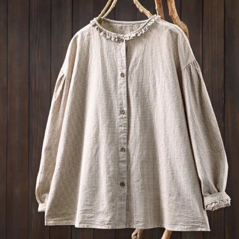 Buddha Stones Spring Small Plaid Buttons Down Long Sleeve Women's Cotton Shirt