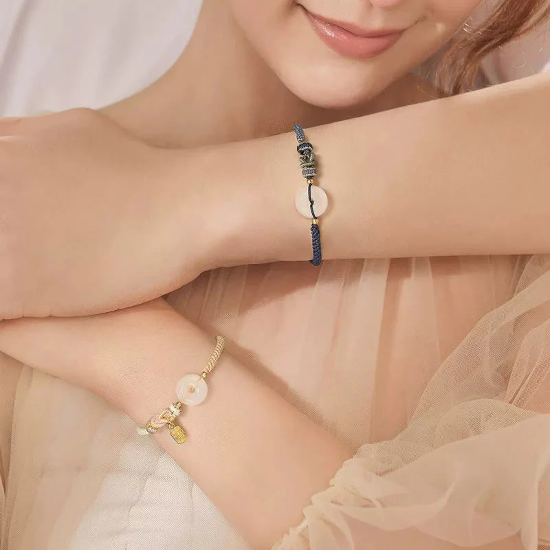 Buddha Stones Handmade White Agate Peace Buckle Luck Happiness Protection Weave String Bracelet