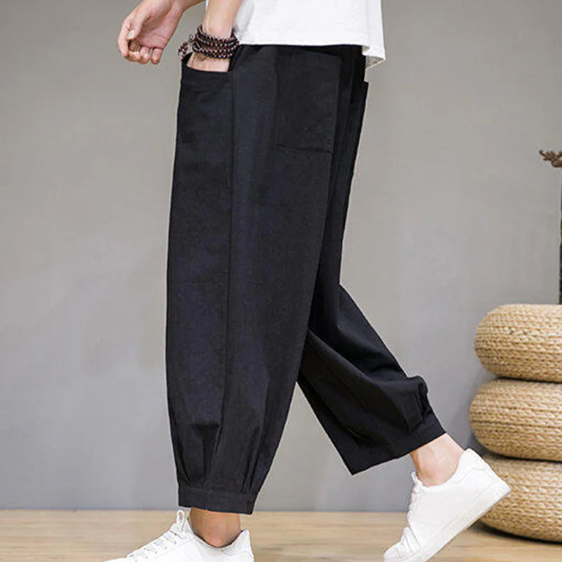 Buddha Stones Casual Plain Men's Cotton 7-8 Length Harem Pants With Pockets