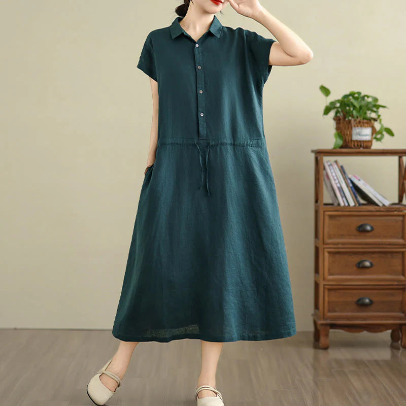 Buddha Stones Summer Plain Short Sleeve Drawstring Cotton Linen Midi Dress With Pockets