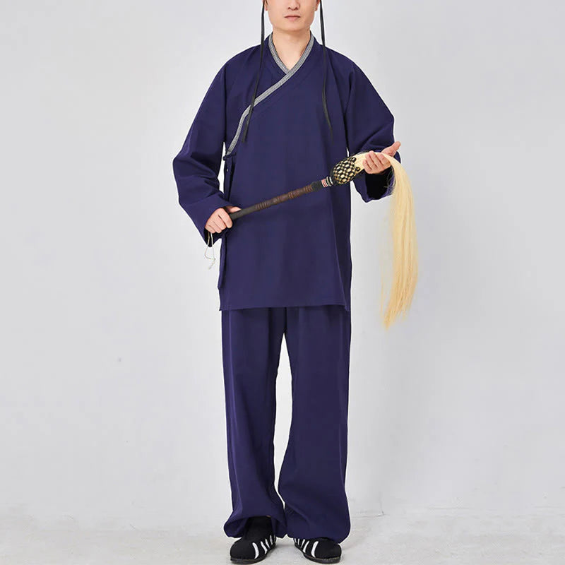 Buddha Stones 2Pcs Wudang Fall Solid Frog-Button Long Sleeve Linen Unisex Taoist Robe Kimono Pants Qigong Ceremony Suit