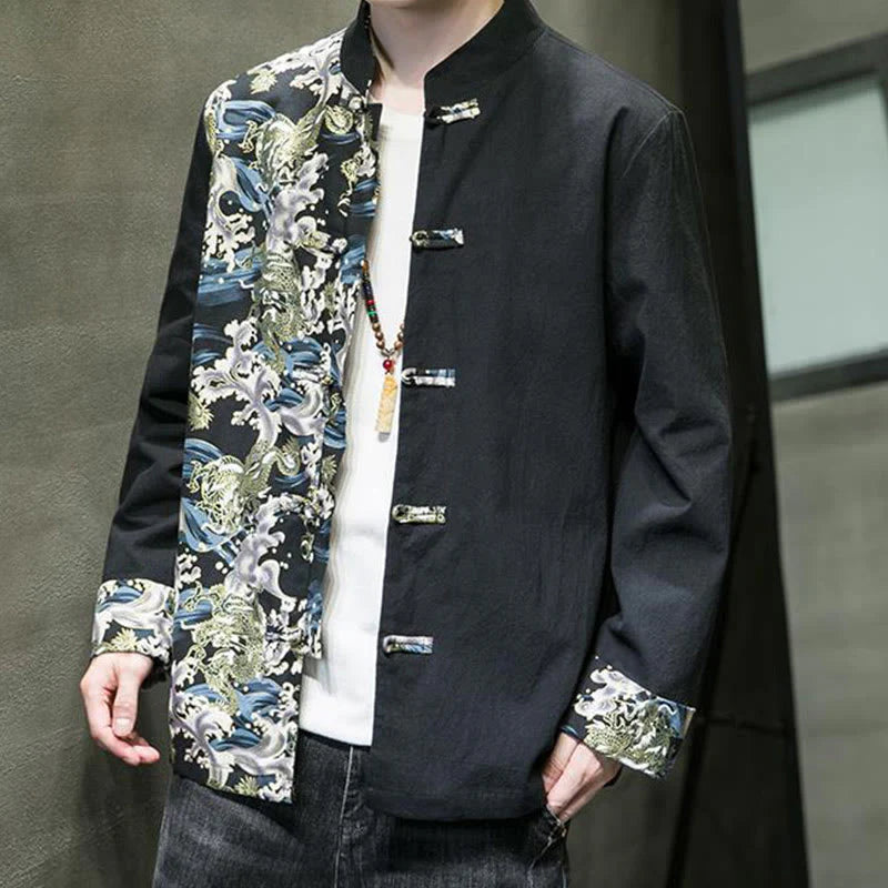 Buddha Stones Printed Color Contrast Dragon Pattern Frog-button Long Sleeve Men's Cotton Jacket
