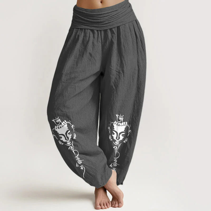 Buddha Stones Pure Cotton Concise Om Symbol Buddha Pattern Women's Elastic Waist Harem Pants