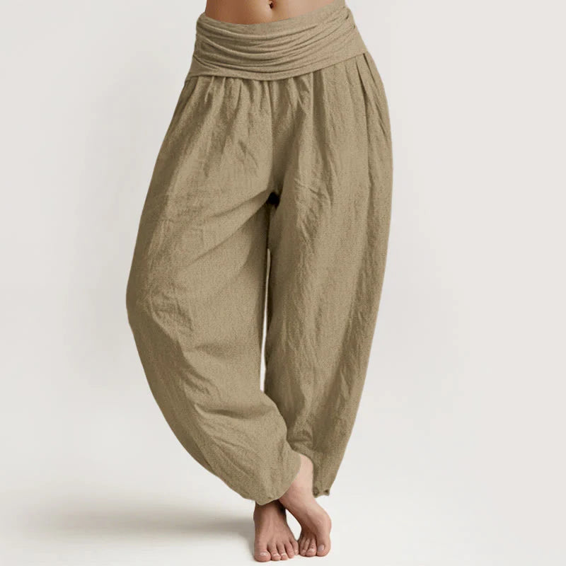 Buddha Stones Cotton Tan Solid Color Women's Elastic Waist Harem Pants