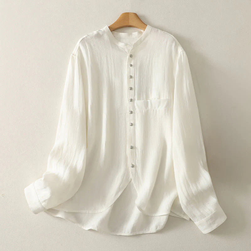 Buddha Stones Spring Plain V-Neck Long Sleeve Women's Cotton Shirt